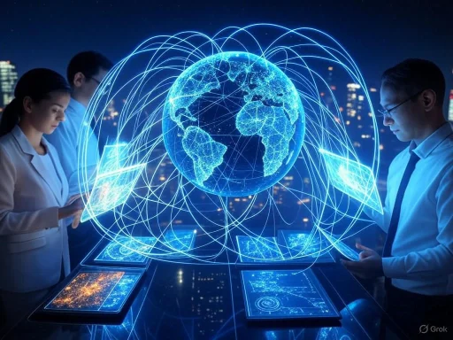 People using digital devices around a holographic globe with interconnected lines and digital interfaces.