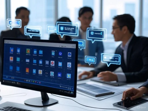 Business professionals are discussing digital communication and technology in a modern office setting.