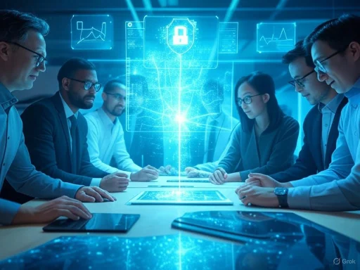 A diverse group of professionals in a high-tech meeting room focused on digital security and data analysis.