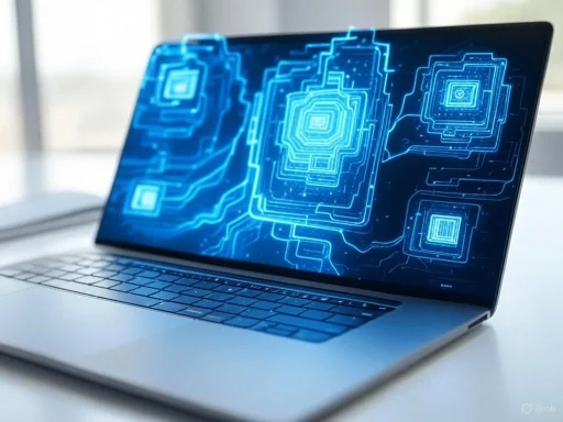 A laptop with a digital circuit and QR code graphics displayed on the screen.