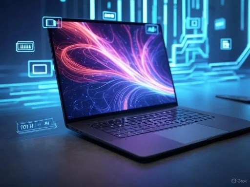 A futuristic open laptop displays vibrant digital patterns with floating tech icons and holographic interface elements.
