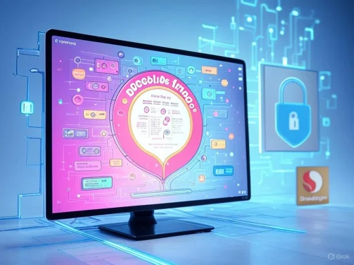 A computer monitor displays a colorful digital infographic with a security lock icon and digital circuitry background.