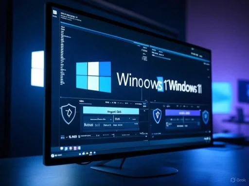 A computer monitor displaying a security dashboard with 'Winows 11' and 'Winows 5' logos, with a dark blue background. A computer monitor displaying a security dashboard with 'Winows 11' and 'Winows 5' logos, with a dark blue background.
