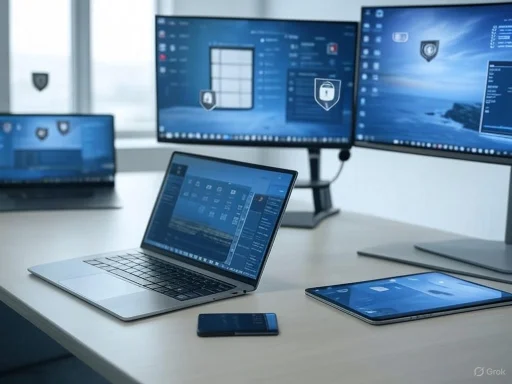 Multiple screens and devices displaying cybersecurity or data protection interfaces on a white desk.