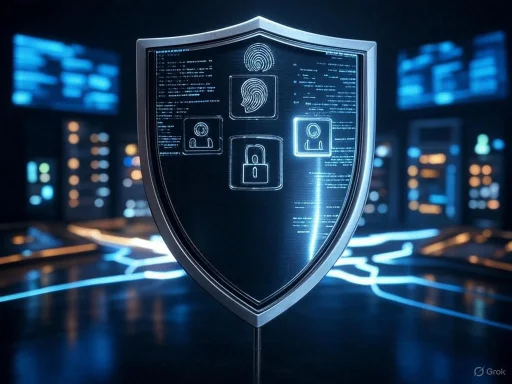 A digital security shield with icons for fingerprint, face recognition, and lock, symbolizing cybersecurity and data protection.