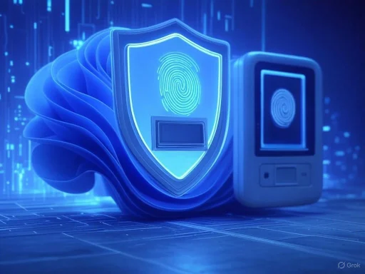 Digital fingerprint security with a shield, fingerprint icon, and electronic device in a futuristic blue-lit setting.