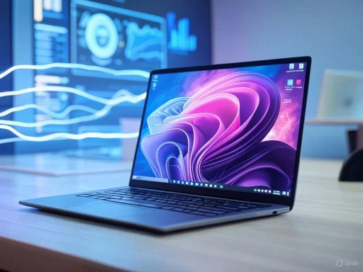 A sleek laptop with a vibrant abstract wallpaper on a wooden desk in a high-tech workspace.