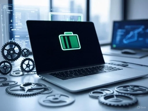 A laptop displays a low battery icon, surrounded by gears and charts, suggesting technical or system maintenance.