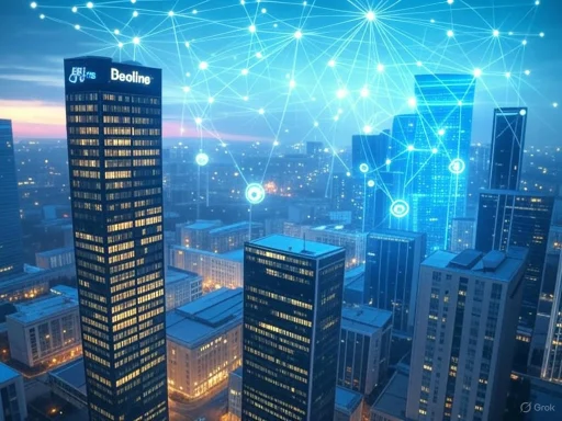 City skyline with digital network connections overlaying the buildings at dusk.