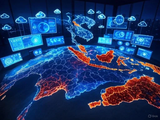 A digital map of Southeast Asia with illuminated city and country borders, surrounded by data screens and cloud icons.