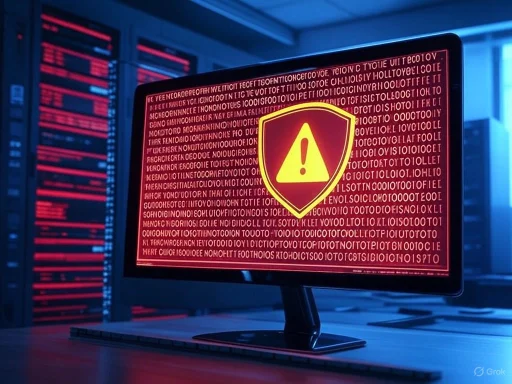 A computer monitor displays a red warning message with an exclamation mark inside a shield. A computer monitor displays a red warning message with an exclamation mark inside a shield.