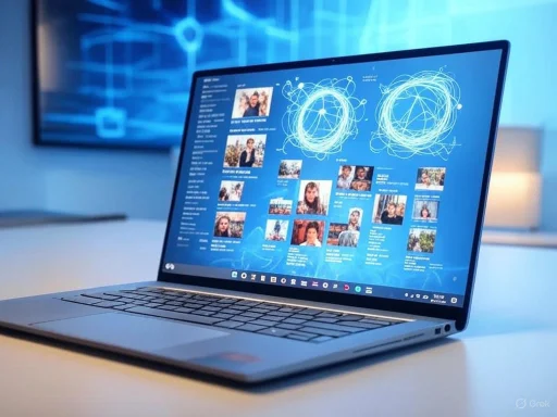 A laptop displaying a graphical interface with neural network diagrams and photo thumbnails on a modern desk.