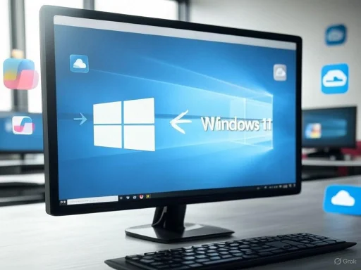 A computer monitor displays the Windows 11 logo on a desk with floating cloud and app icons in the background.