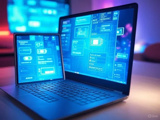 Two laptops display glowing blue digital interfaces with technical data and graphics in a futuristic setting.