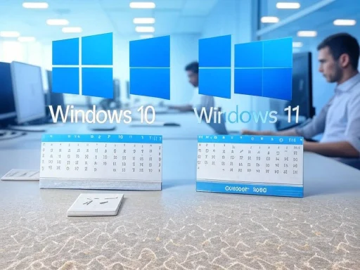 Comparison of Windows 10 and Windows 11 logos over calendars on desks in an office setting.