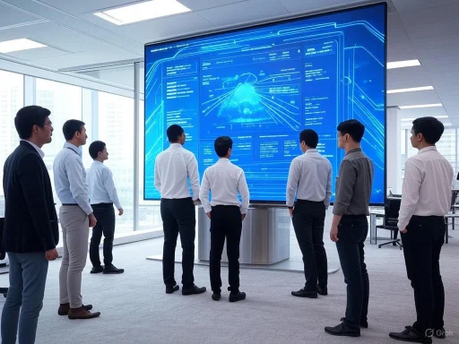 Business professionals analyze a large digital screen displaying technological data in a modern office.