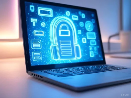A laptop displays a digital image of a padlock surrounded by various icons, suggesting cybersecurity or data protection.