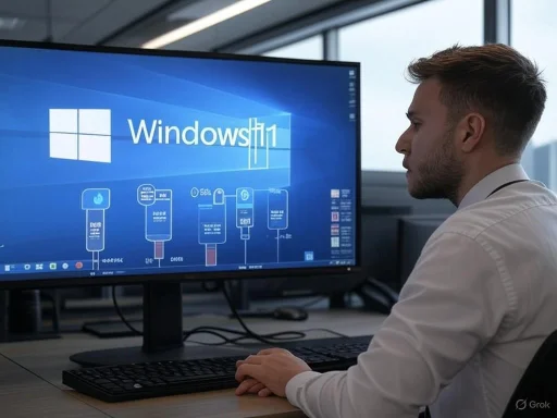 A man works at a computer with a Windows 11 display in a modern office setting.