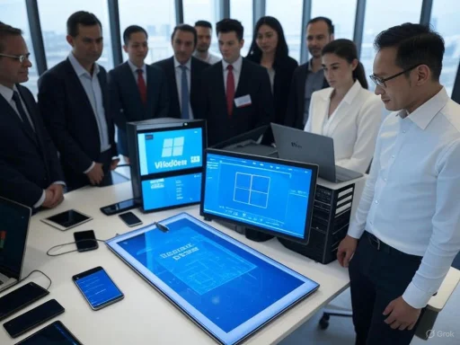 A team of professionals discusses technological displays and digital interfaces in a modern office environment.