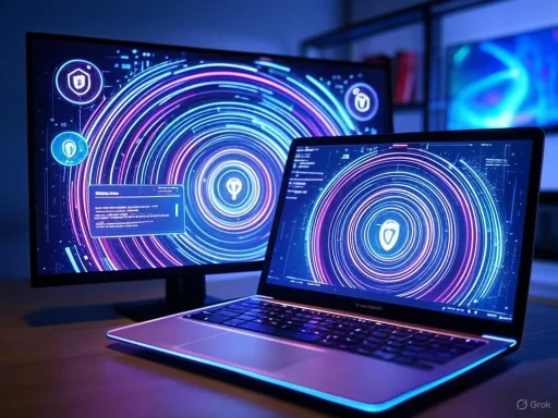 Futuristic cybersecurity interface displayed on a computer monitor and laptop with glowing circular graphics.