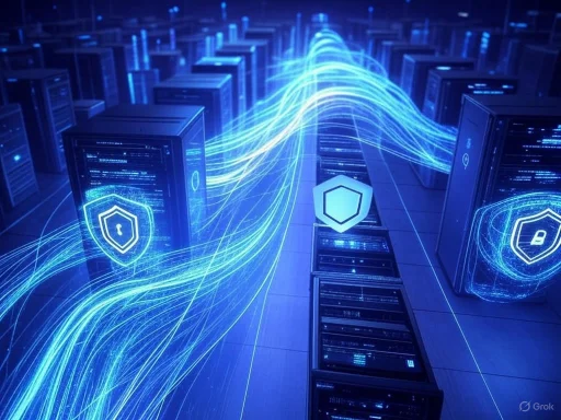 A digitally enhanced data center with glowing security shields and streaming light trails representing data flow. A digitally enhanced data center with glowing security shields and streaming light trails representing data flow.