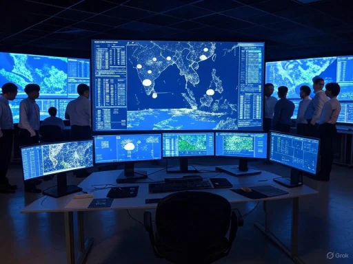 Control room with multiple monitors displaying a digital map and real-time data, attended by a group of people.