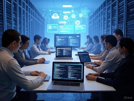 Group of people working on computers in a high-tech data center or cybersecurity room.