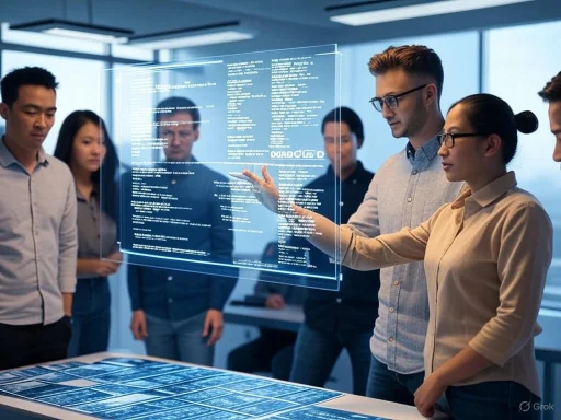 A diverse group of professionals analyzes data on a transparent digital screen in a modern office setting. A diverse group of professionals analyzes data on a transparent digital screen in a modern office setting.