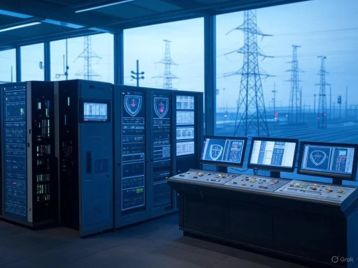 A modern control room with servers and monitors overseeing power transmission lines outside.