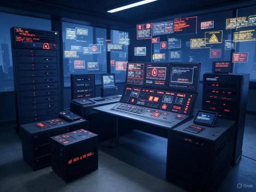 A high-tech control room filled with multiple monitors and servers, displaying glowing red and blue alerts and data.