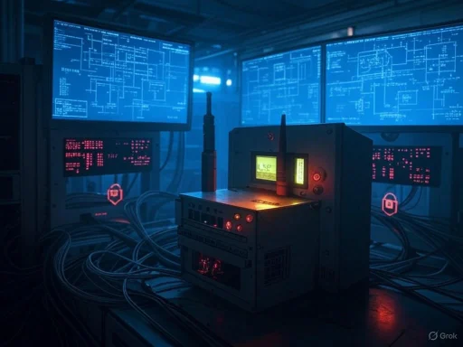 A high-tech control room with multiple screens displaying network or system diagrams and security icons. A high-tech control room with multiple screens displaying network or system diagrams and security icons.