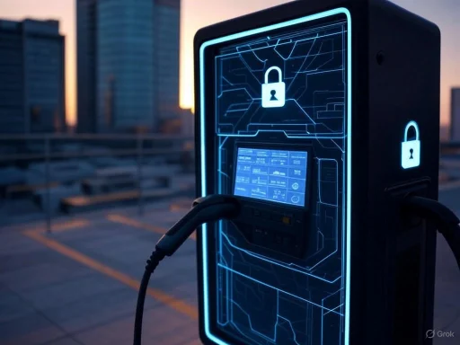 A futuristic electric vehicle charging station with digital security icons, set against city buildings at dusk.