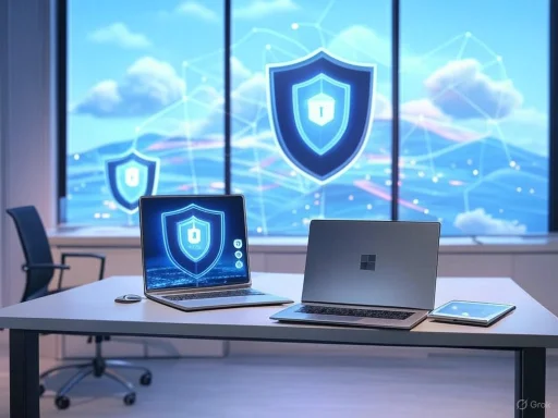 Laptops and a tablet on a desk with digital security shield icons on screens and background. Laptops and a tablet on a desk with digital security shield icons on screens and background.
