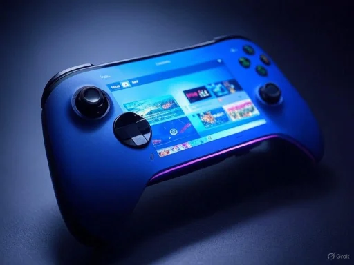 A handheld gaming console with a colorful screen and control buttons, illuminated against a dark background. A handheld gaming console with a colorful screen and control buttons, illuminated against a dark background.