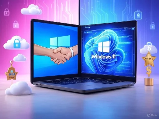 A laptop displays a handshake on one side and Windows 11 logo on the other, symbolizing partnership or collaboration.