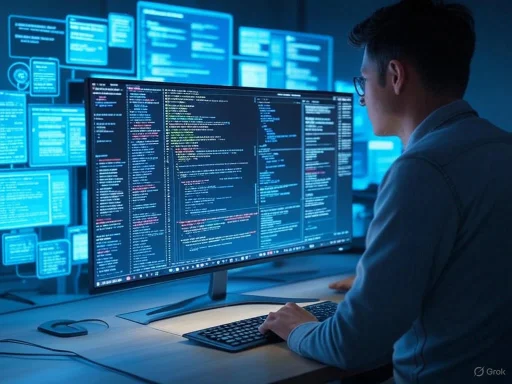 A programmer works at a desk with multiple screens displaying code and data in a tech-focused environment.