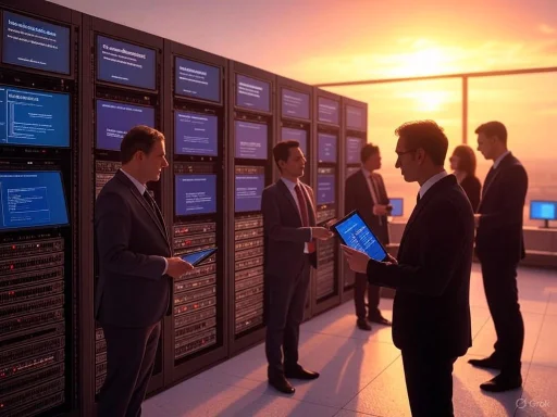 Business professionals working with servers and tablets during sunset at a data center. Business professionals working with servers and tablets during sunset at a data center.