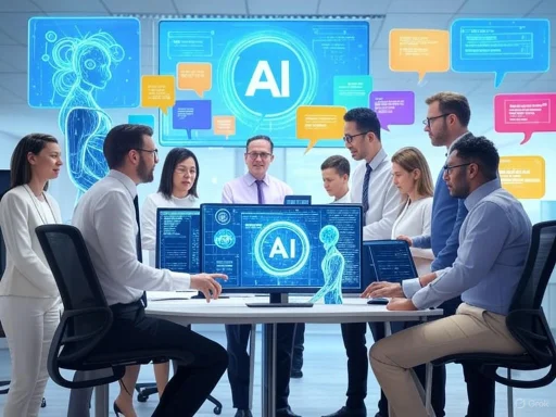 A diverse group of professionals in a conference room discussing AI, with digital holograms and screens displaying AI graphics. A diverse group of professionals in a conference room discussing AI, with digital holograms and screens displaying AI graphics.