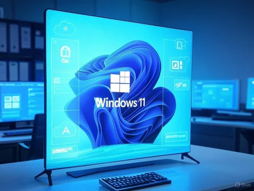 A computer monitor displays the Windows 11 logo in a high-tech, blue-lit workspace.