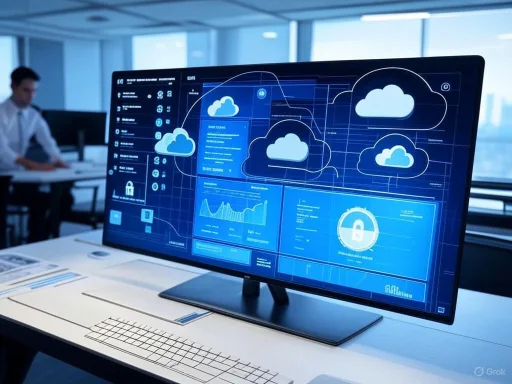 A computer monitor displays cloud security data and graphs in a modern office setting.