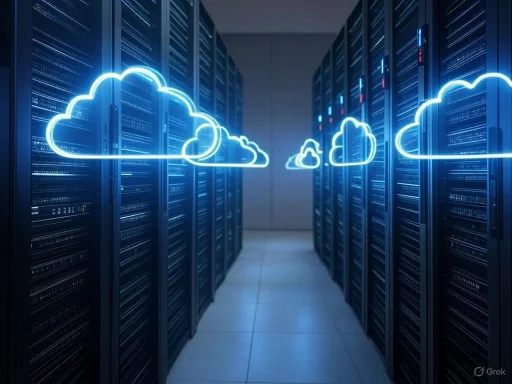 Data servers in a data center with digital cloud icons overlayed, symbolizing cloud computing.