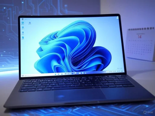 A sleek laptop displaying a blue, swirling abstract design on its screen, set against a tech-themed background.