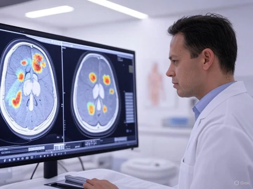 Doctor analyzing brain scan images on a large monitor for signs of abnormalities or disease. Doctor analyzing brain scan images on a large monitor for signs of abnormalities or disease.
