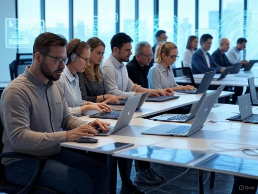 A diverse group of professionals working on laptops in a modern conference room during a meeting or workshop.