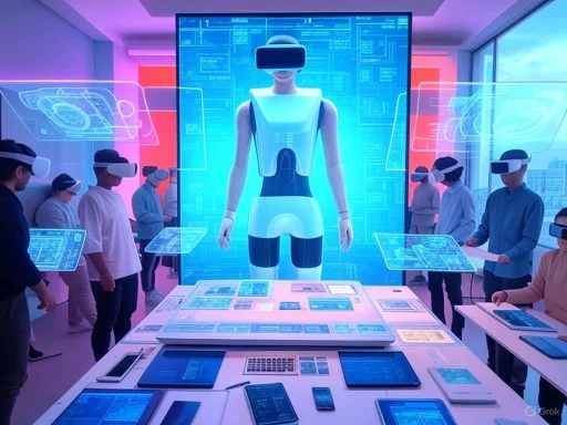 People wearing VR headsets interact with a large humanoid robot and digital screens in a high-tech, futuristic environment.