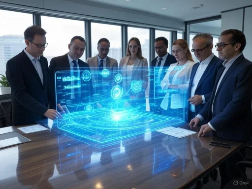 Business professionals analyze a futuristic holographic interface during a meeting in a modern conference room.