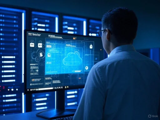 A cybersecurity professional monitors a cloud security interface on a computer in a data center.