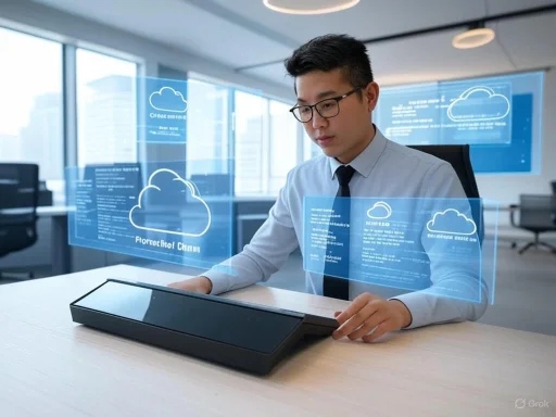 A man in business attire interacts with holographic cloud computing data in a modern office. A man in business attire interacts with holographic cloud computing data in a modern office.