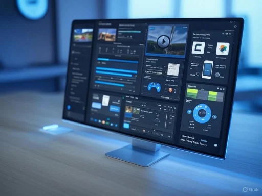 A sleek computer monitor displaying analytics and media dashboards in a modern office setting.