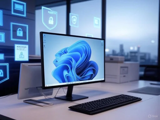 A computer setup in an office with digital security icons on the wall behind it. A computer setup in an office with digital security icons on the wall behind it.